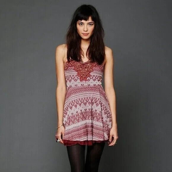 Free People Burgundy Shimmer Fit & Flare Tulle Trim Embroidered Sweetheart Dress - Picture 15 of 16
